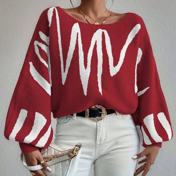 burgundy redCasual Women's Striped graphic Batwing Sleeve Loose Pullover Sweater - Picture 4 of 7